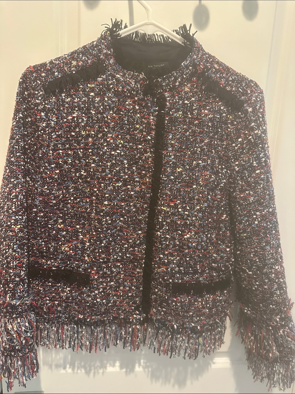 Ann Taylor Navy Multi Tweed Fringe Blazer